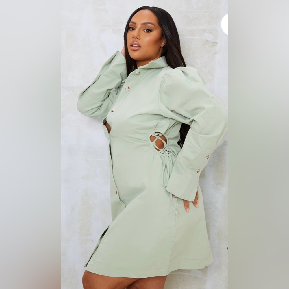 PrettyLittleThing Plus Sage Green Cut Out Waist Denim Dress! BNWT!